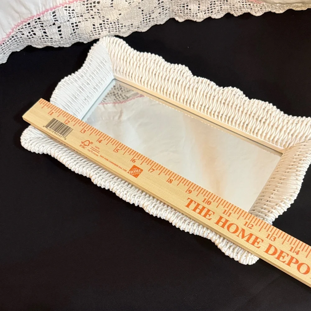 White Wicker Look Rectangular Mirror Tray Cottagecore
